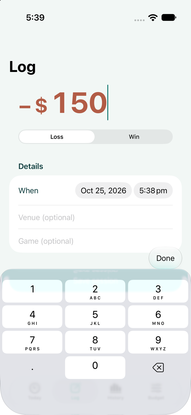 The Log screen. A large amount of −$150 is entered with Loss selected. Below are the date and time, and optional Venue and Game fields, above the number keypad.